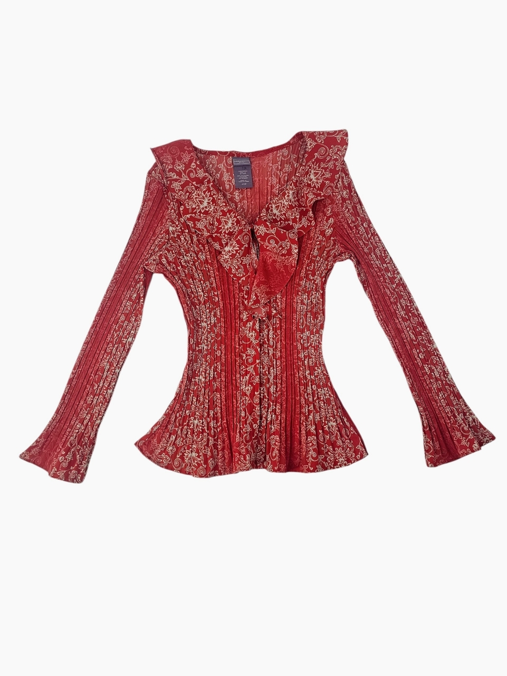 Terracotta Floral Tie Front Pleated Stretch Blouse Boho Romantic